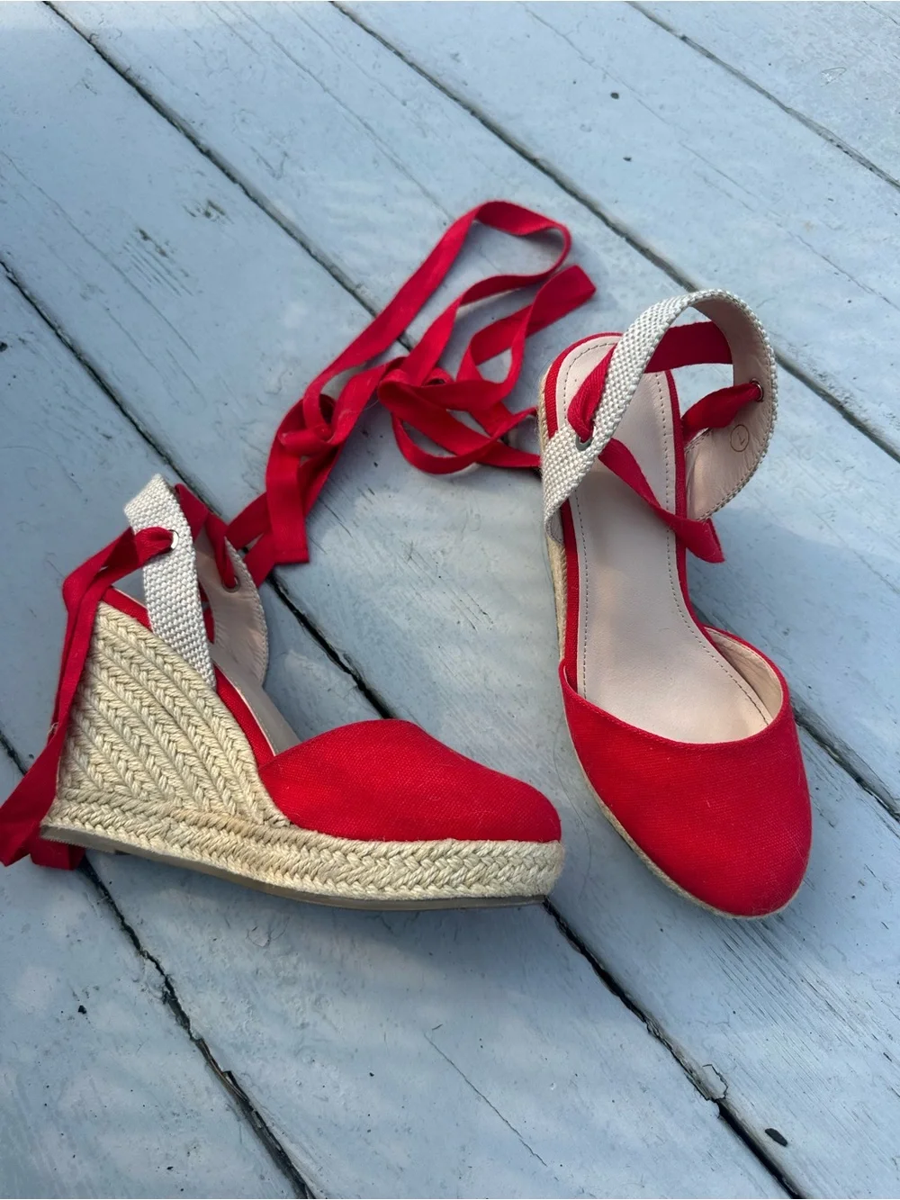 Women's Red Espadrille Wedge Sandals with Ankle Tie